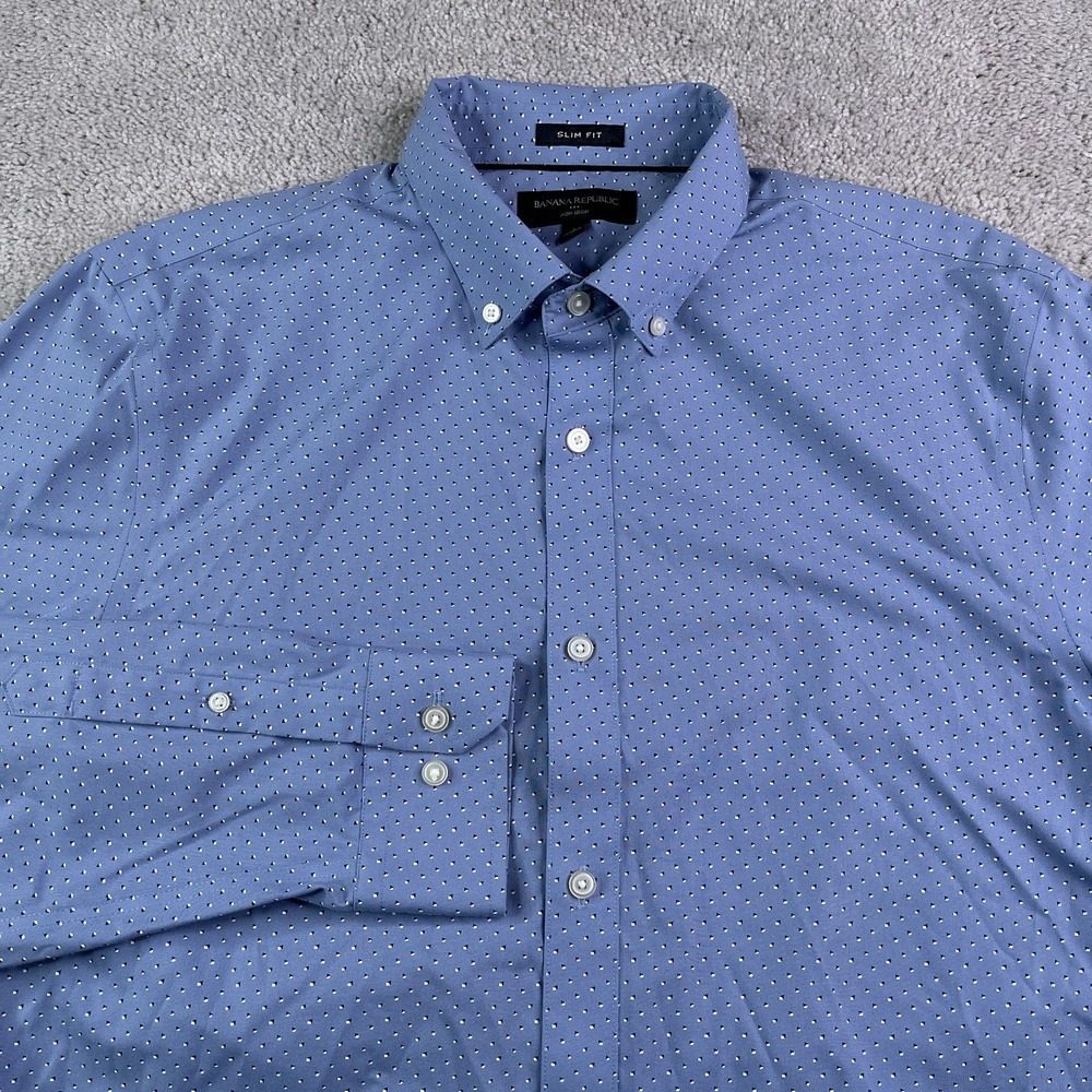 Banana Republic Shirt Mens Large Blue Geometric Slim Fit Non Iron Button Up
